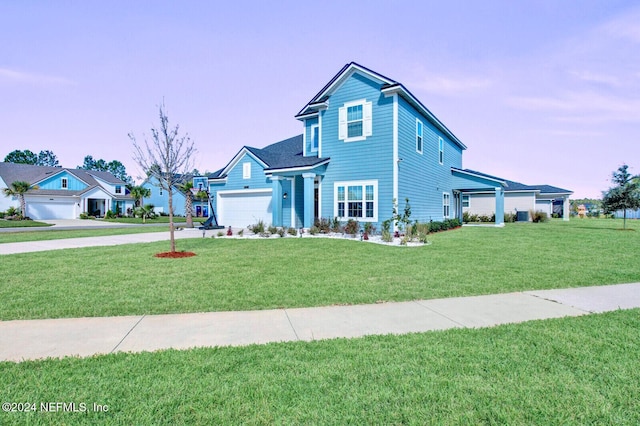 view of front facade featuring a lawn and a garage