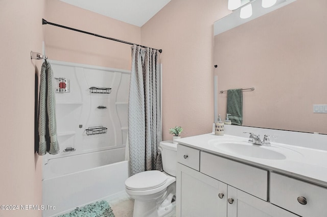 full bathroom featuring toilet, vanity, and shower / bath combination with curtain