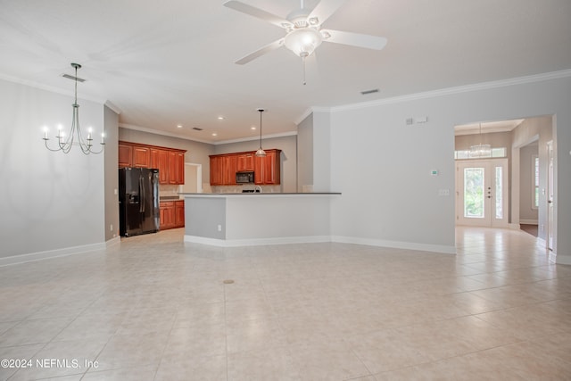 unfurnished living room featuring crown molding, light tile patterned flooring, and ceiling fan with notable chandelier