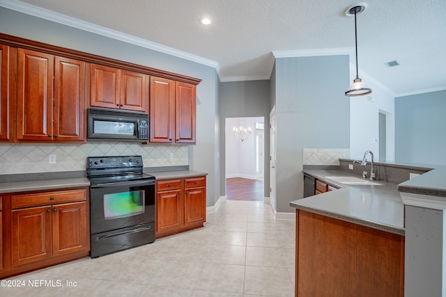 kitchen with crown molding, sink, decorative light fixtures, and black appliances