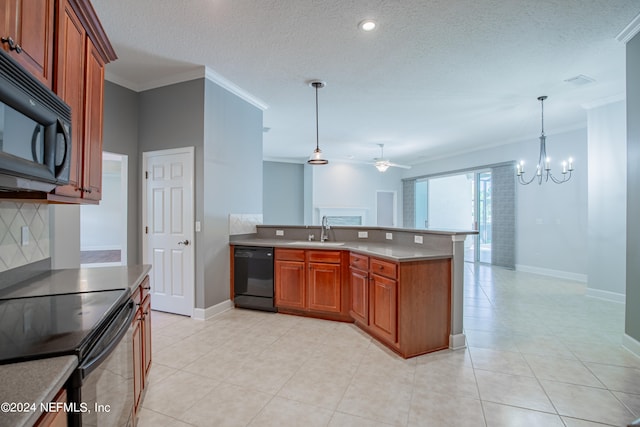 kitchen with sink, backsplash, ornamental molding, black appliances, and decorative light fixtures