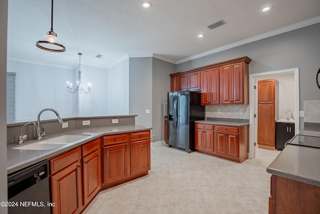 kitchen with sink, hanging light fixtures, tasteful backsplash, black fridge with ice dispenser, and stainless steel dishwasher