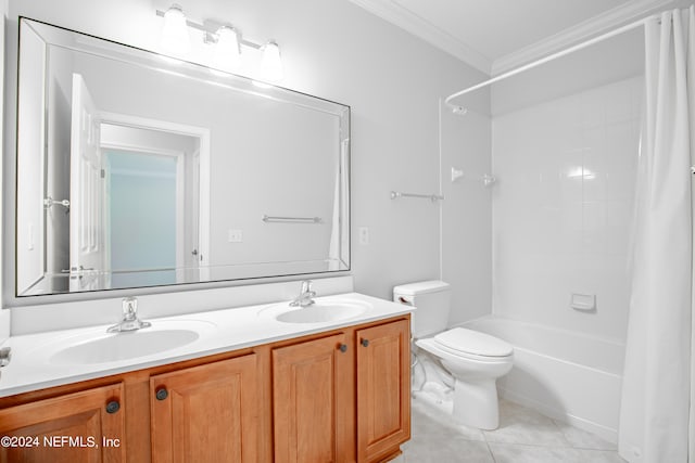 full bathroom featuring shower / bathtub combination, ornamental molding, vanity, toilet, and tile patterned floors