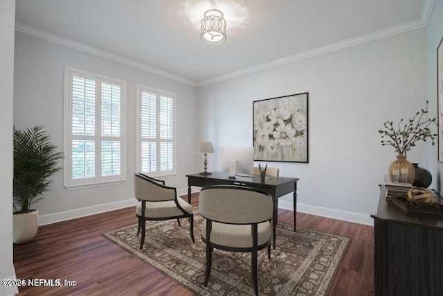 home office with crown molding and dark hardwood / wood-style flooring