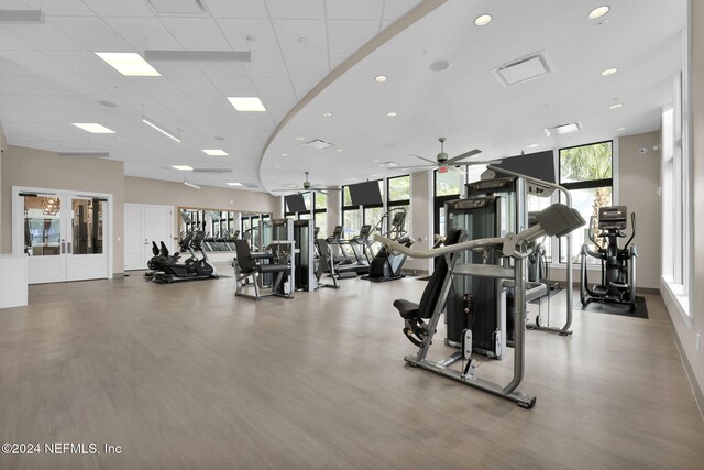 gym featuring french doors, floor to ceiling windows, hardwood / wood-style flooring, ceiling fan, and a drop ceiling