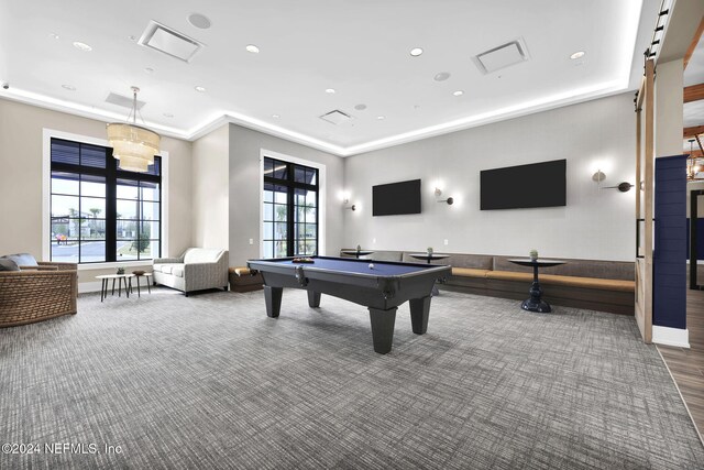 rec room with pool table, carpet floors, and a healthy amount of sunlight