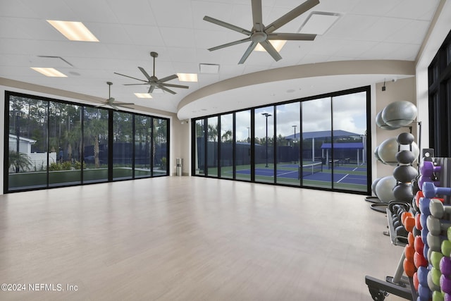 workout area with ceiling fan