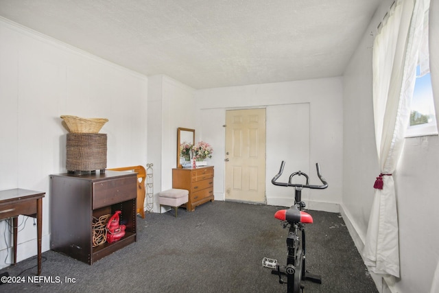 exercise room with a textured ceiling, dark carpet, and ornamental molding