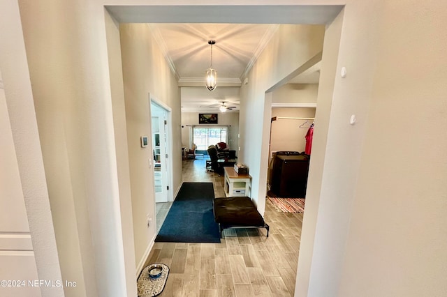 hall featuring light hardwood / wood-style flooring and crown molding