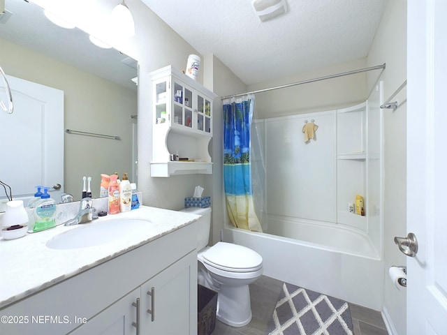 bathroom featuring visible vents, toilet, vanity, a textured ceiling, and shower / bath combination with curtain