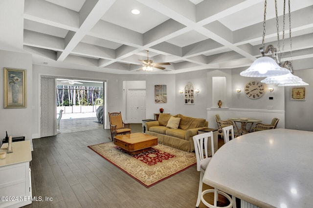 living room with beam ceiling, coffered ceiling, and dark hardwood / wood-style flooring