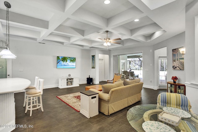 living room with ceiling fan, coffered ceiling, beamed ceiling, and dark hardwood / wood-style flooring