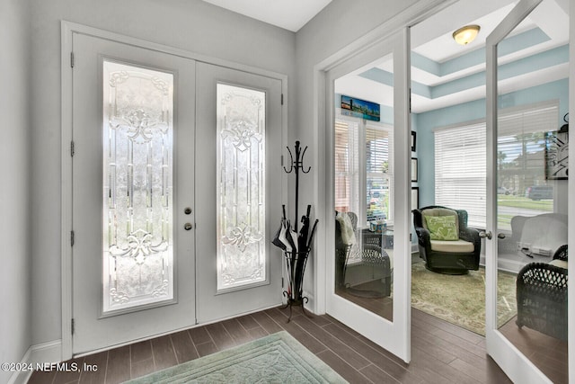 doorway to outside with french doors and dark hardwood / wood-style flooring