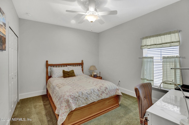 bedroom featuring carpet, a closet, and ceiling fan