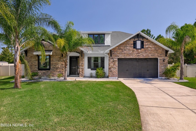 1309 Acorn Ridge Ct, Saint Augustine, FL 32092 - view of front facade with a front lawn, fence, stone siding, concrete driveway, and an attached garage