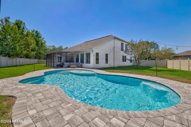 1309 Acorn Ridge Ct, Saint Augustine, FL 32092 - view of pool featuring a sunroom, a fenced backyard, outdoor lounge area, and a yard