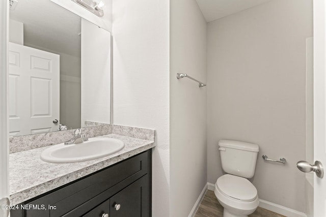 bathroom featuring toilet, vanity, and wood-type flooring