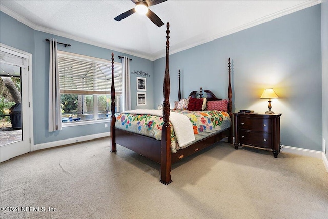 carpeted bedroom featuring ornamental molding, access to exterior, and ceiling fan