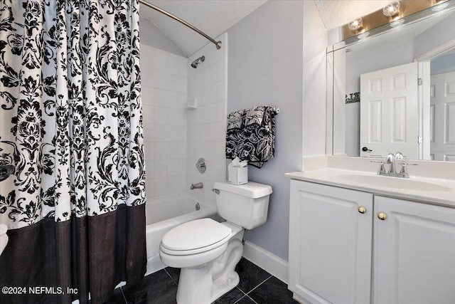 full bathroom featuring tile patterned floors, shower / bath combo, toilet, vanity, and a textured ceiling