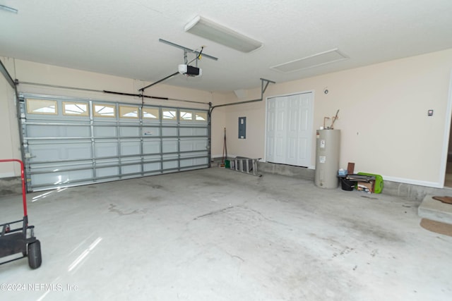 garage featuring a garage door opener, electric water heater, and electric panel