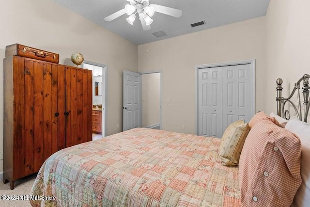 bedroom with a closet, ceiling fan, and carpet flooring