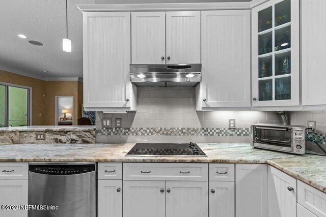 kitchen with dishwasher, black electric cooktop, hanging light fixtures, white cabinetry, and crown molding