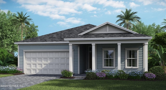 view of front of home with a front yard and a garage