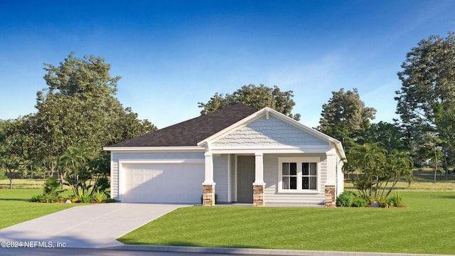 craftsman house featuring roof with shingles, a garage, a porch, a front yard, and driveway