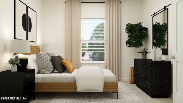 bedroom with light colored carpet