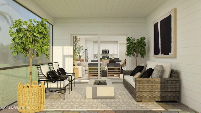 sunroom featuring wood ceiling