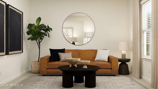 living area featuring baseboards and carpet