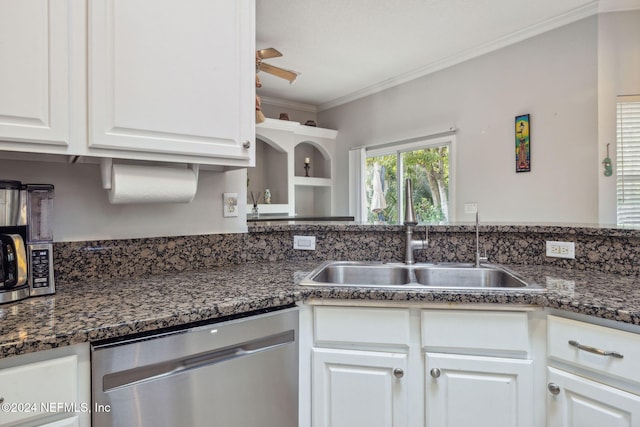 kitchen featuring white cabinets, ornamental molding, ceiling fan, sink, and dishwasher