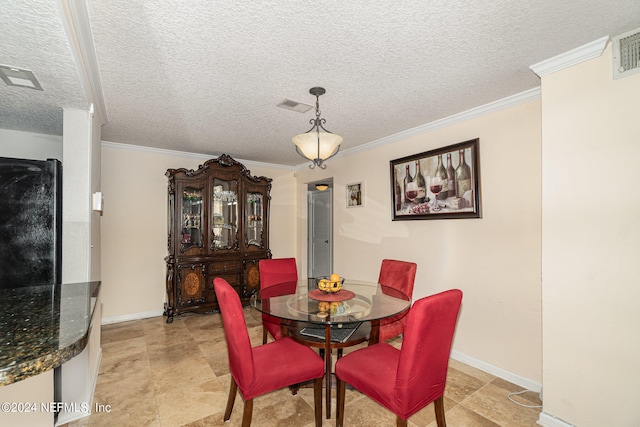 dining space with crown molding and a textured ceiling