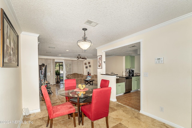 dining area with ceiling fan, crown molding, and a textured ceiling