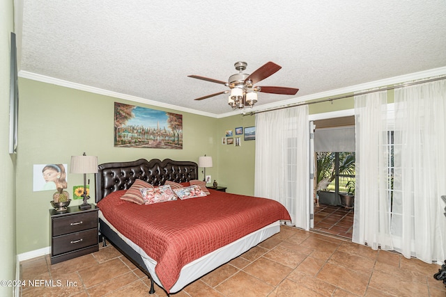 bedroom with crown molding, a textured ceiling, and ceiling fan