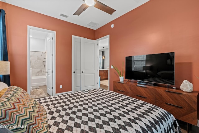 bedroom with connected bathroom and ceiling fan