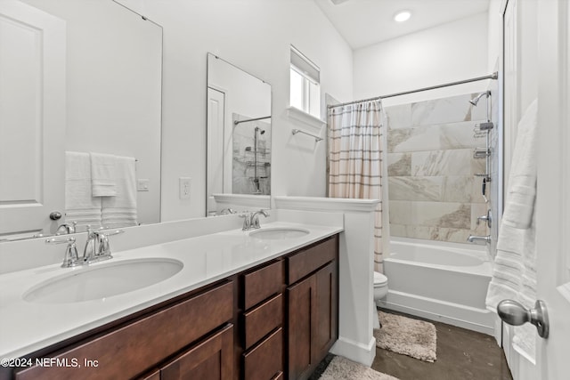 full bathroom with vanity, toilet, and shower / bathtub combination with curtain