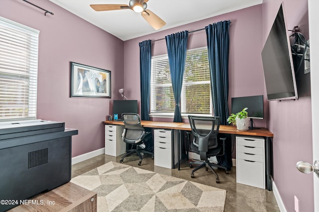 home office featuring a healthy amount of sunlight and ceiling fan