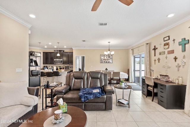 living room featuring crown molding, ceiling fan with notable chandelier, and light tile patterned floors