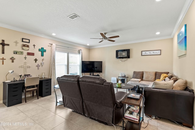 living room featuring crown molding, a textured ceiling, light tile patterned floors, and ceiling fan