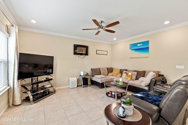 tiled living room with crown molding and ceiling fan