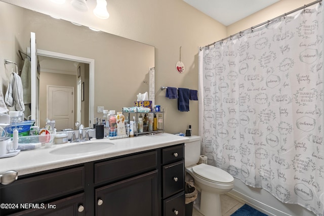 full bathroom featuring vanity, toilet, tile patterned floors, and shower / tub combo