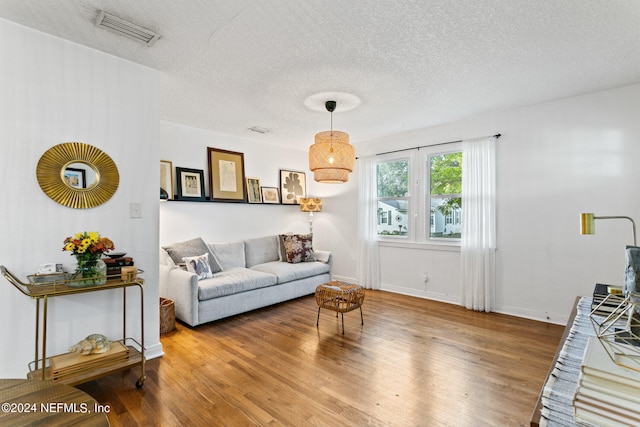 living room featuring hardwood / wood-style floors and a textured ceiling