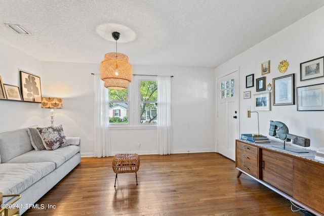 living room featuring a textured ceiling and dark hardwood / wood-style flooring