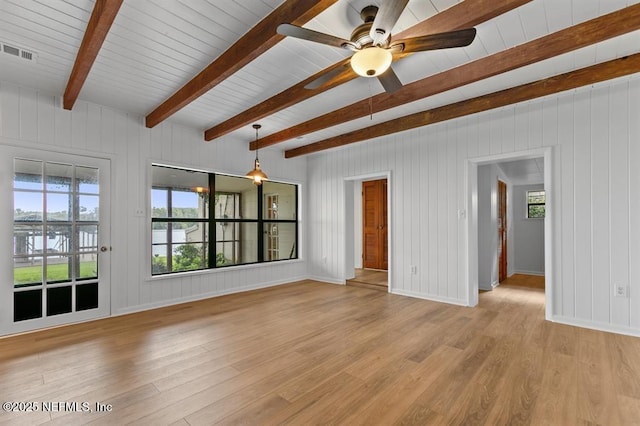unfurnished living room featuring a ceiling fan, beamed ceiling, visible vents, and light wood-type flooring