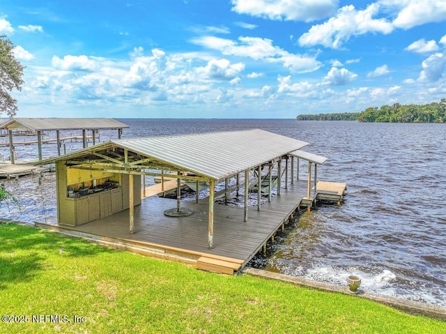 dock area featuring boat lift and a water view