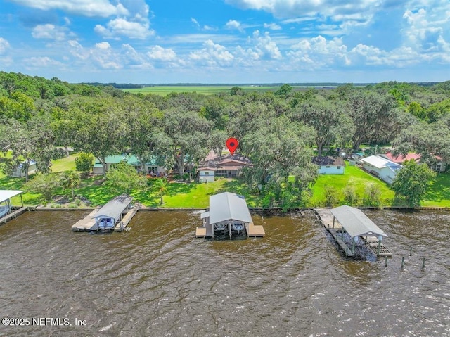 drone / aerial view with a water view