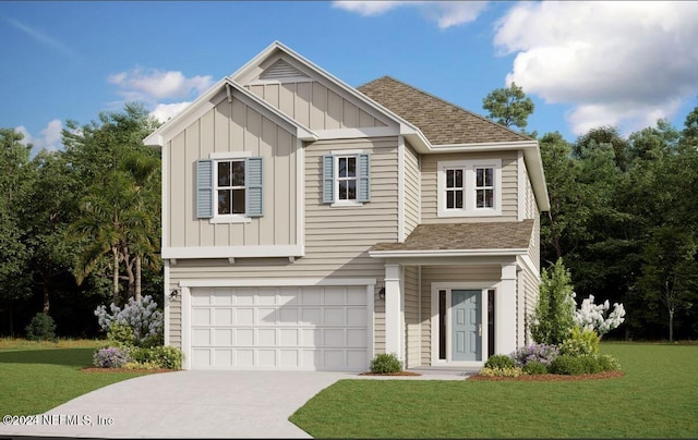 view of front facade with driveway, a garage, roof with shingles, a front lawn, and board and batten siding