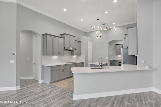 kitchen with light hardwood / wood-style flooring, kitchen peninsula, sink, and stainless steel refrigerator