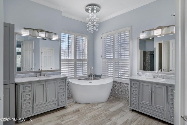 bathroom with vanity, crown molding, and plenty of natural light